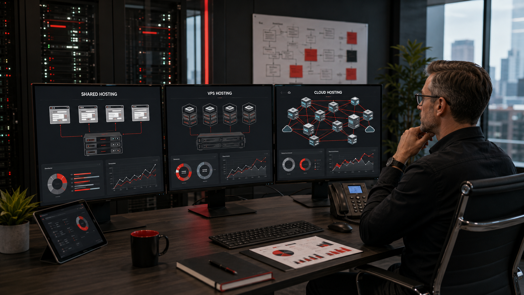 Modern IT workspace with server racks