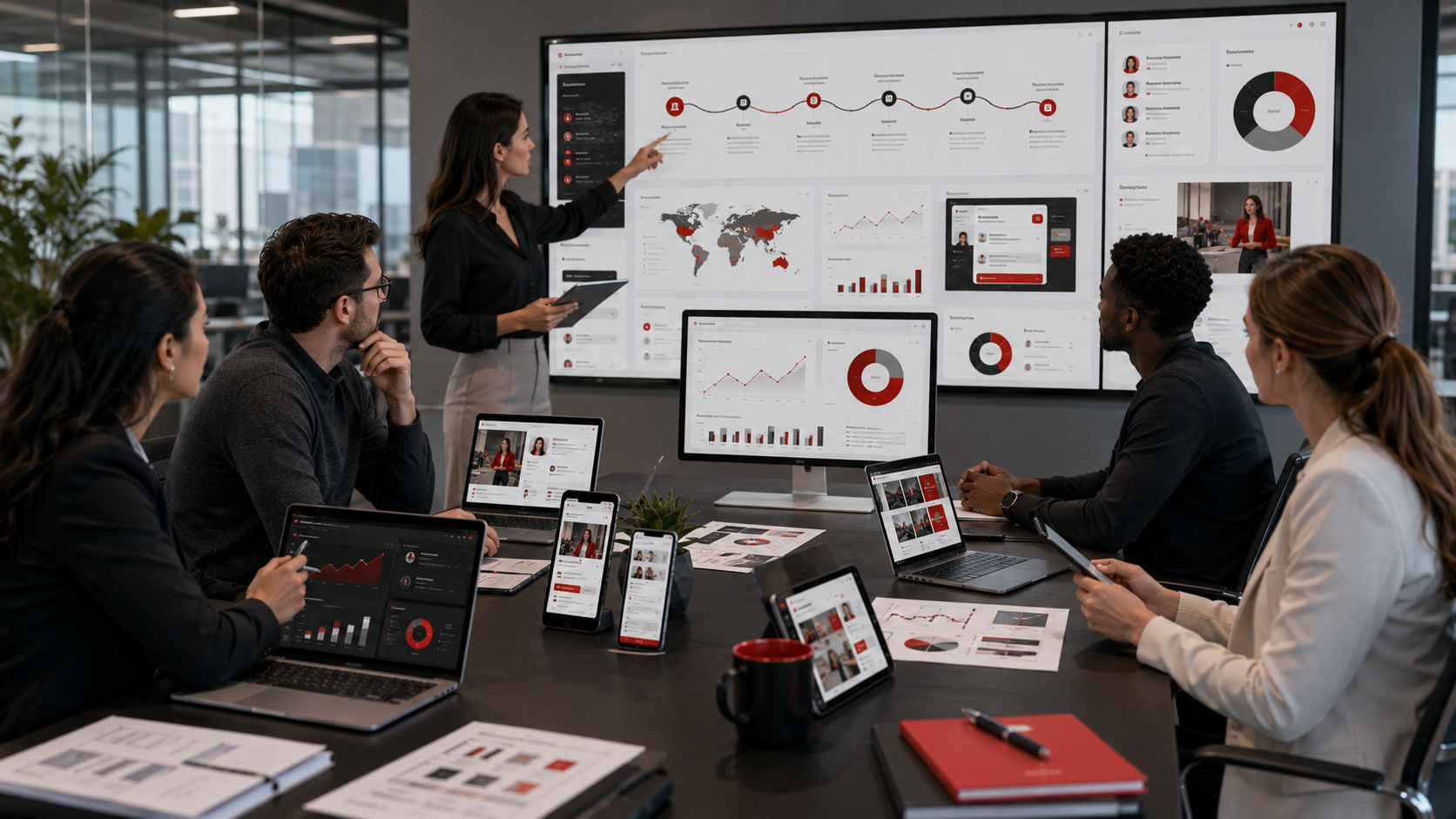 Corporate team meeting with data presentation