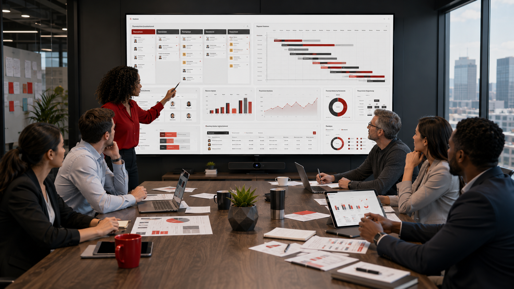 Corporate meeting with project dashboard display