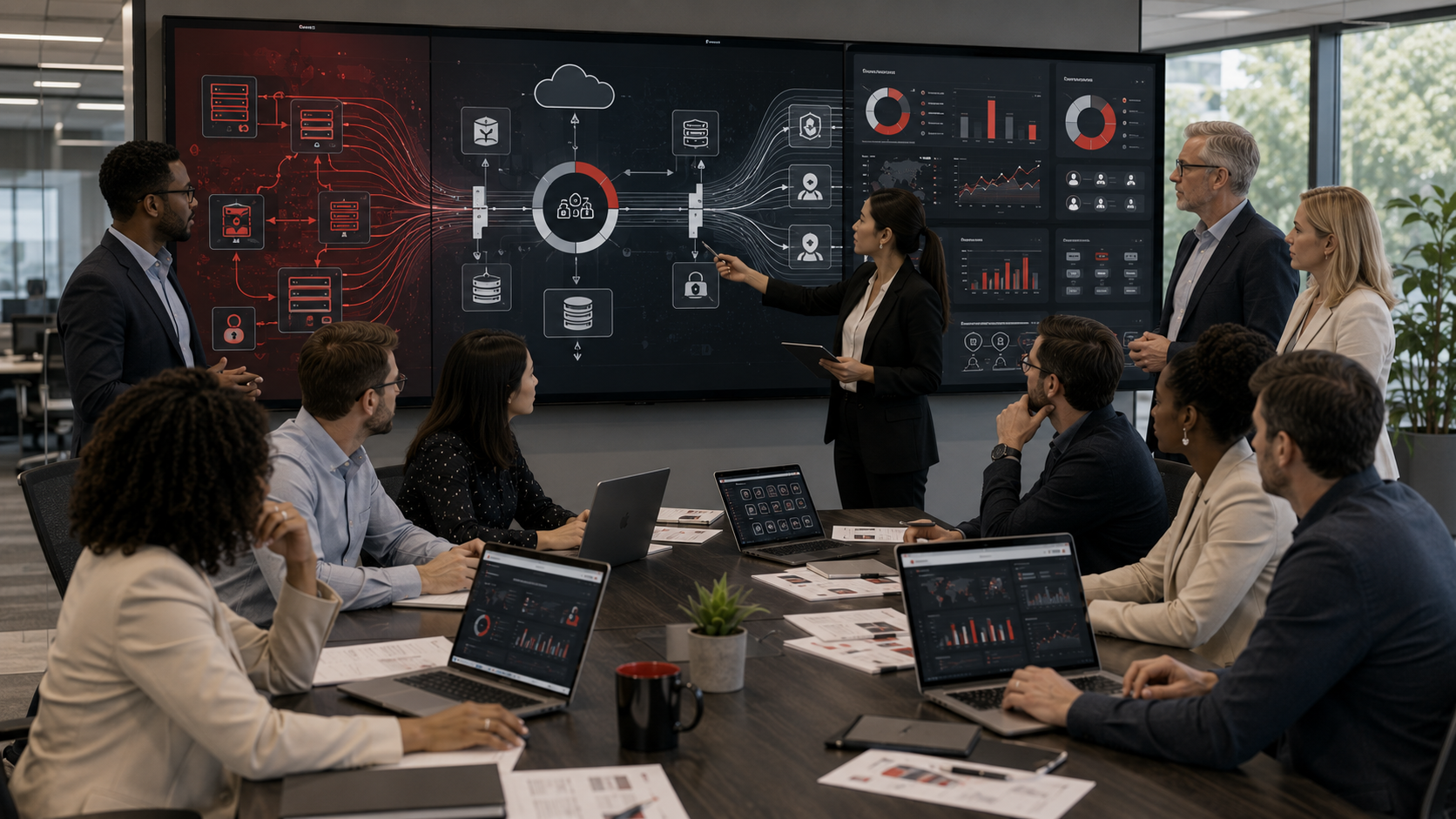 Corporate meeting with digital dashboards