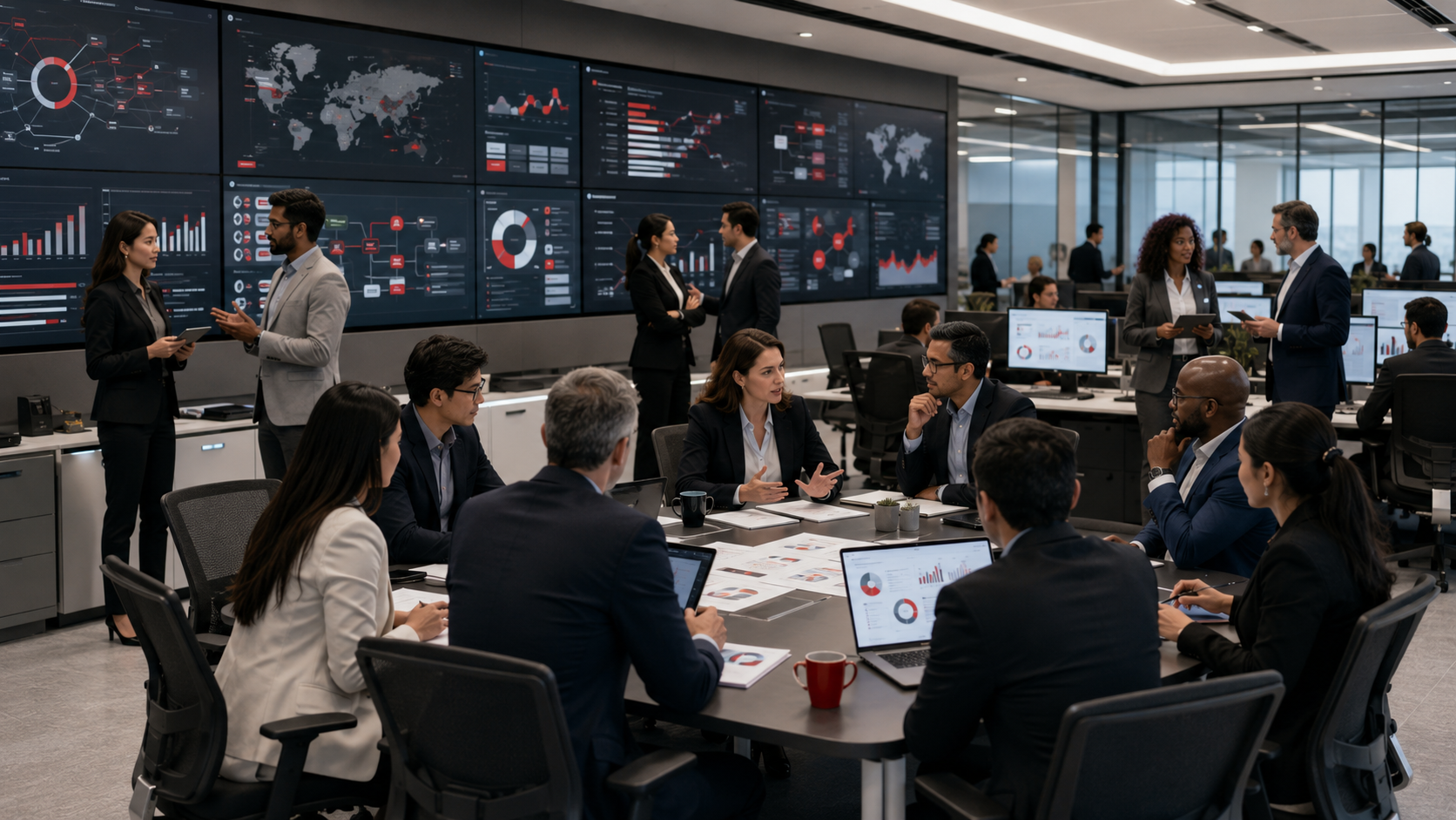 Business and technology professionals collaborating on artificial intelligence and workflow automation