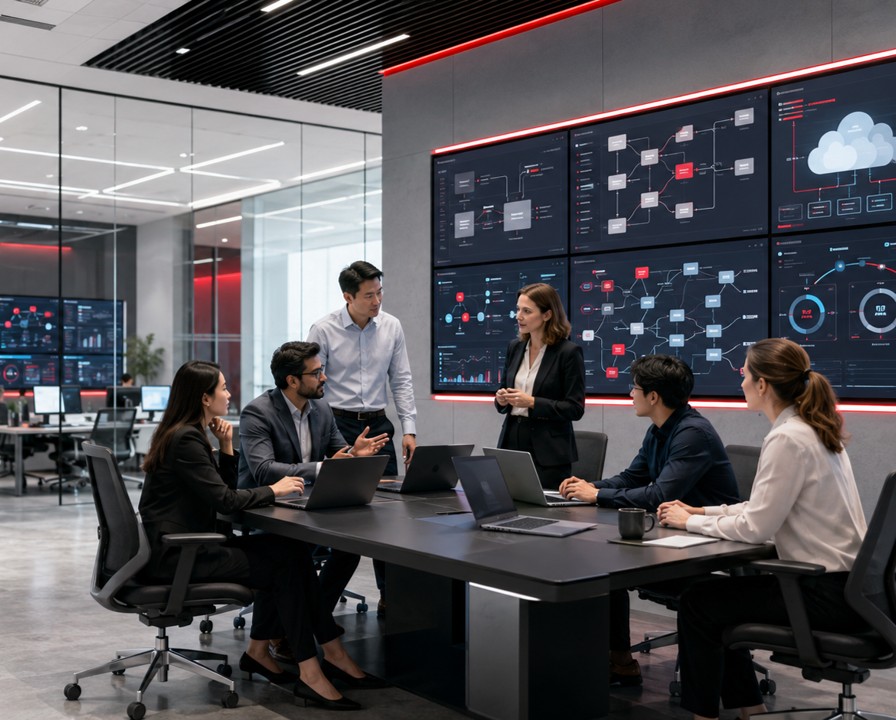 Software developers and business professionals collaborating on application architecture, workflows, integrations, and performance