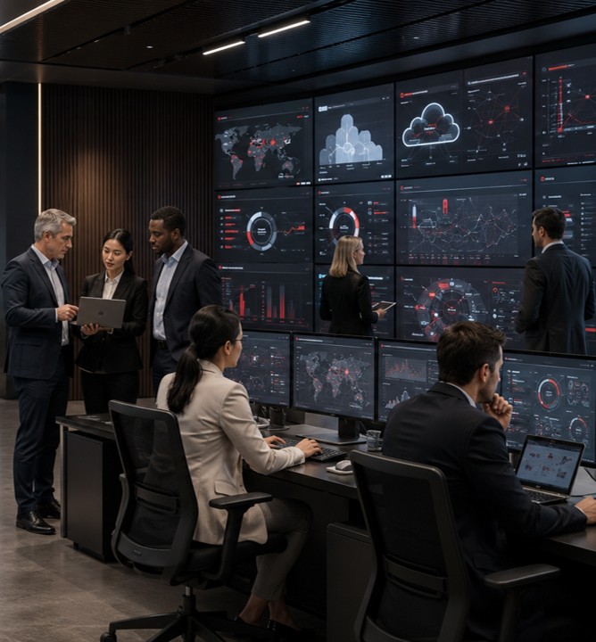 Business and cybersecurity professionals reviewing security risks, system activity, compliance requirements, and protective controls