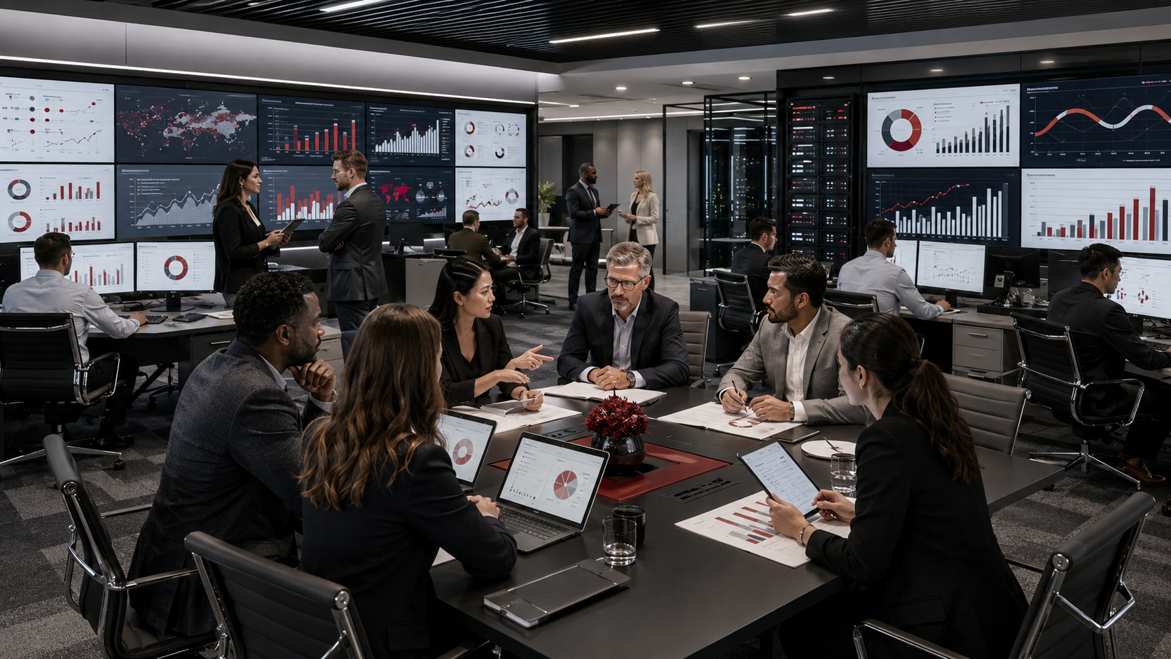 Business professionals reviewing dashboards and business intelligence reports