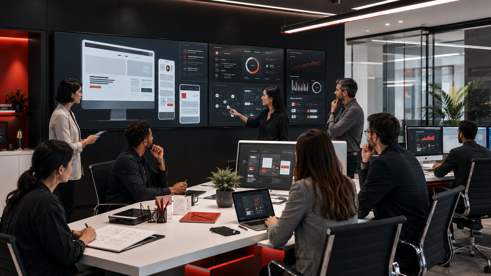 Website designers, developers, and digital strategists collaborating on responsive website design, accessibility, search optimization, content management, and user experience