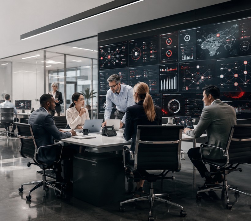 Government cybersecurity professionals reviewing mission systems, security controls, risk indicators, compliance requirements, and operational readiness