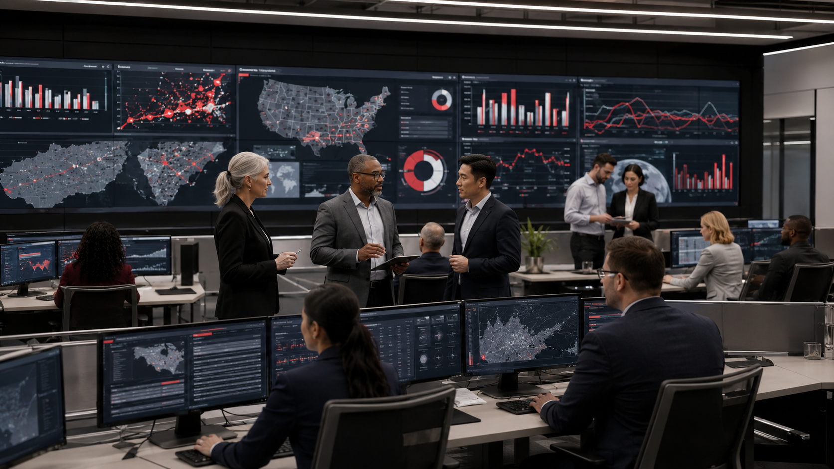 Government analysts and technology professionals reviewing dashboards, performance metrics, trends, reporting, and business intelligence