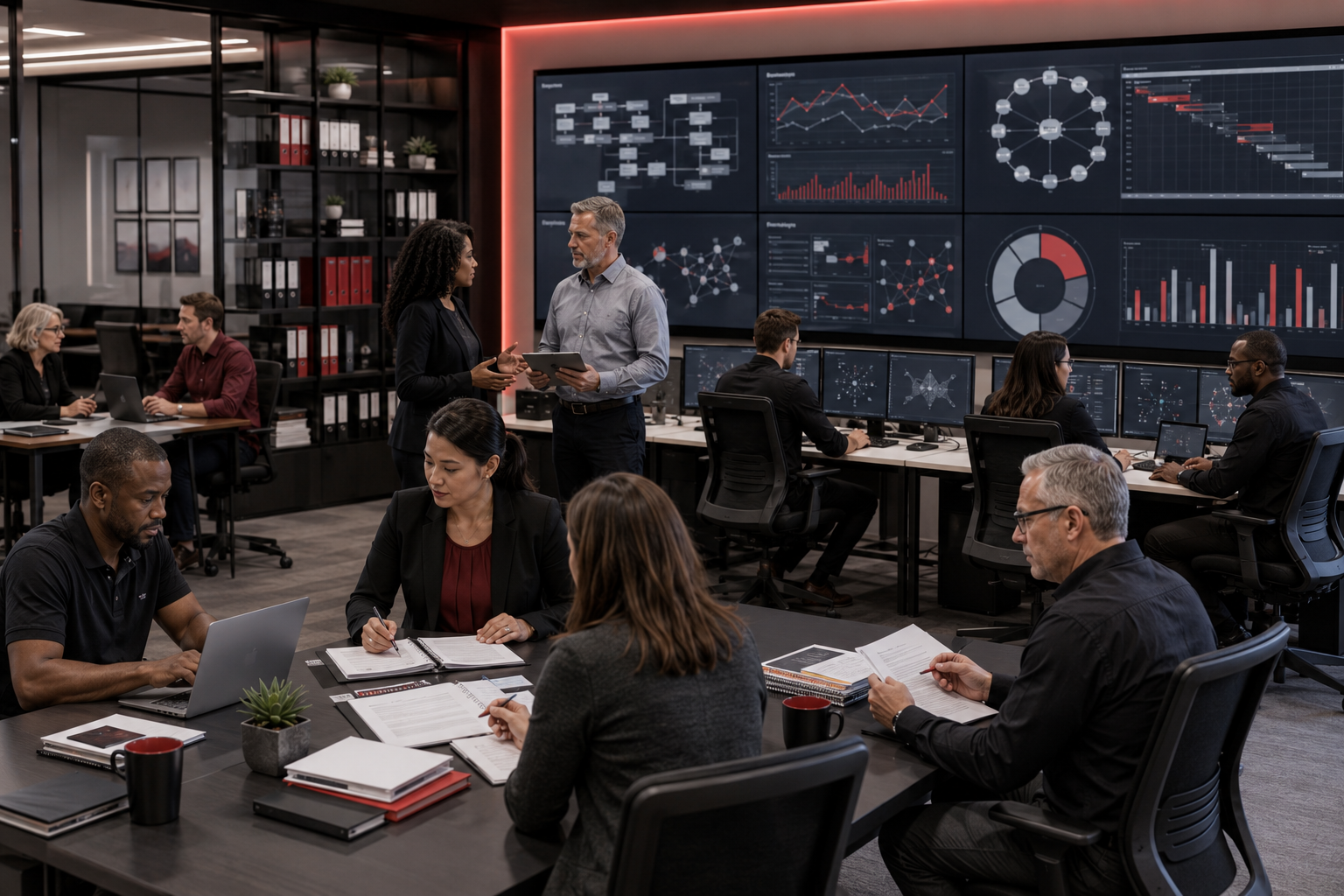Government quality specialists, configuration managers, and technical writers reviewing baselines, controlled changes, documentation, and quality records